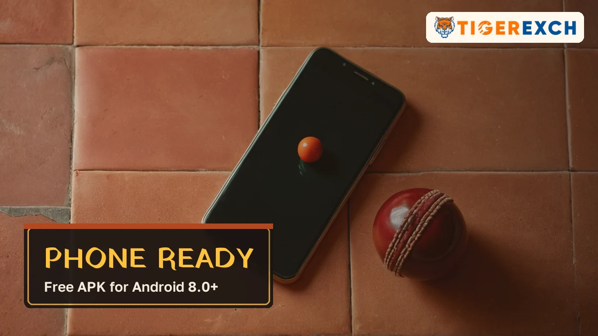 Phone ready card, free APK for Android 8.0+, over a phone and red cricket ball on terracotta tiles