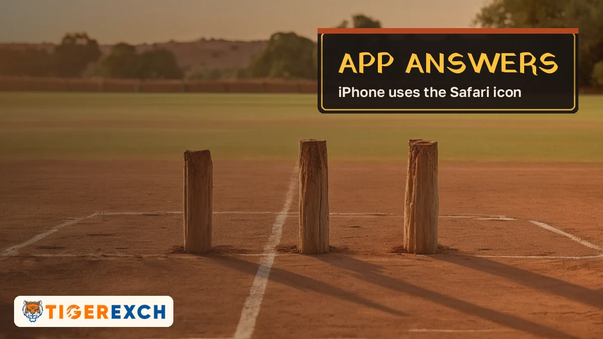 App answers card, iPhone uses the Safari icon, over three wooden stumps on a sunlit pitch