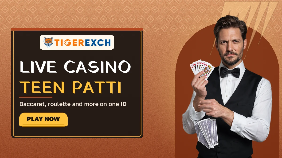 Live casino Teen Patti banner reading baccarat, roulette and more on one ID, beside a card dealer with a fanned deck