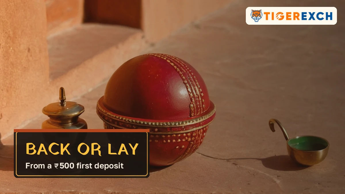 Back or lay card, from a ₹500 first deposit, over a red leather ball beside a brass lamp