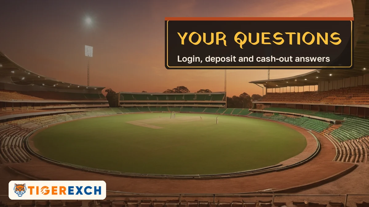 Your questions card, login, deposit and cash-out answers, over a floodlit stadium at dusk