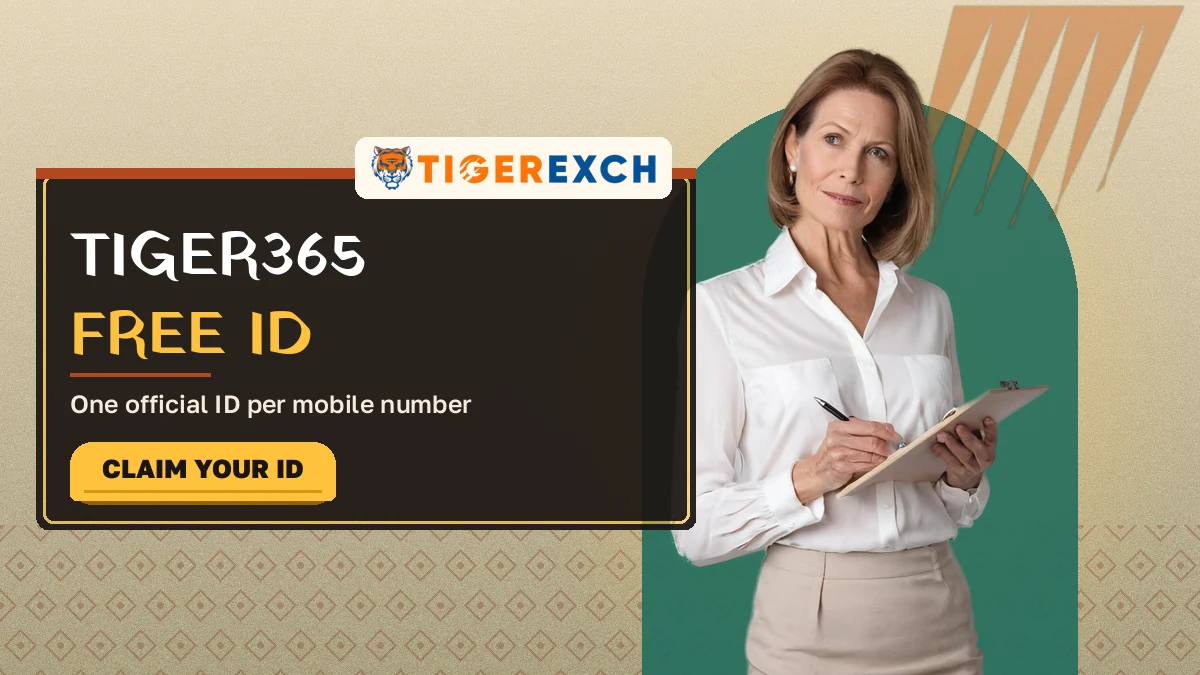 Tiger365 free ID banner reading one official ID per mobile number, beside a woman writing on a clipboard