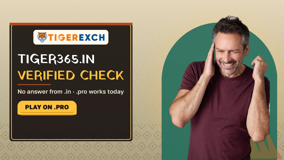 Tiger365.in verified check banner reading no answer from .in, .pro works today, beside a puzzled man scratching his head