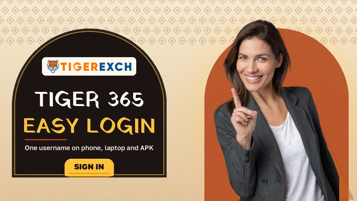 Tiger365 easy login banner reading one username on phone, laptop and APK, beside a presenter pointing aside