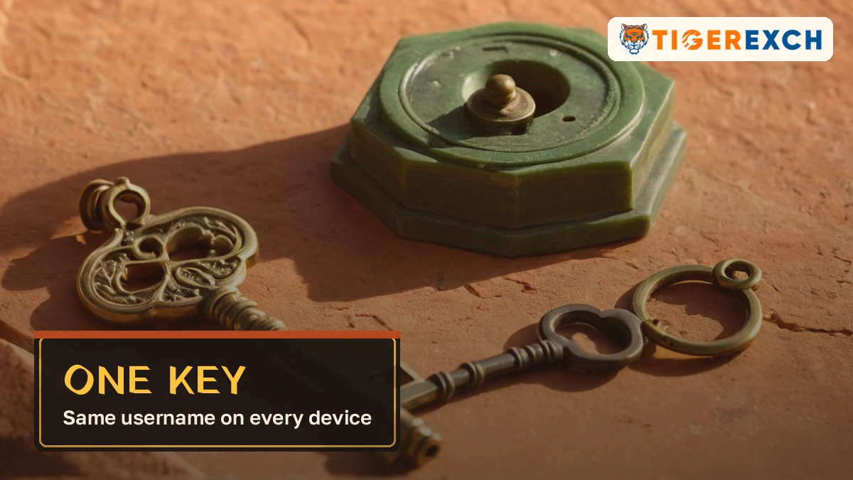 One key card, same username on every device, over old brass keys beside a jade box