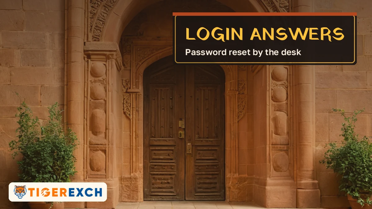 Login answers card, password reset by the desk, over a carved sandstone doorway