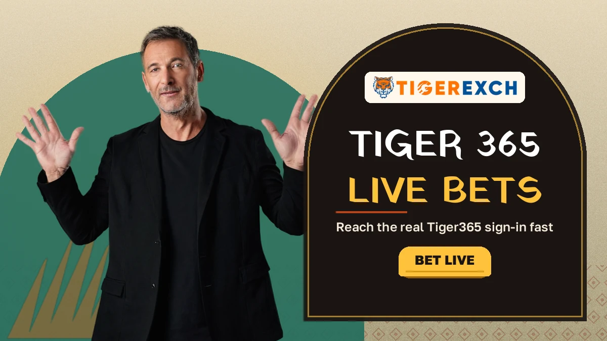Tiger365 live bets banner reading reach the real Tiger365 sign-in fast, beside a presenter with palms raised