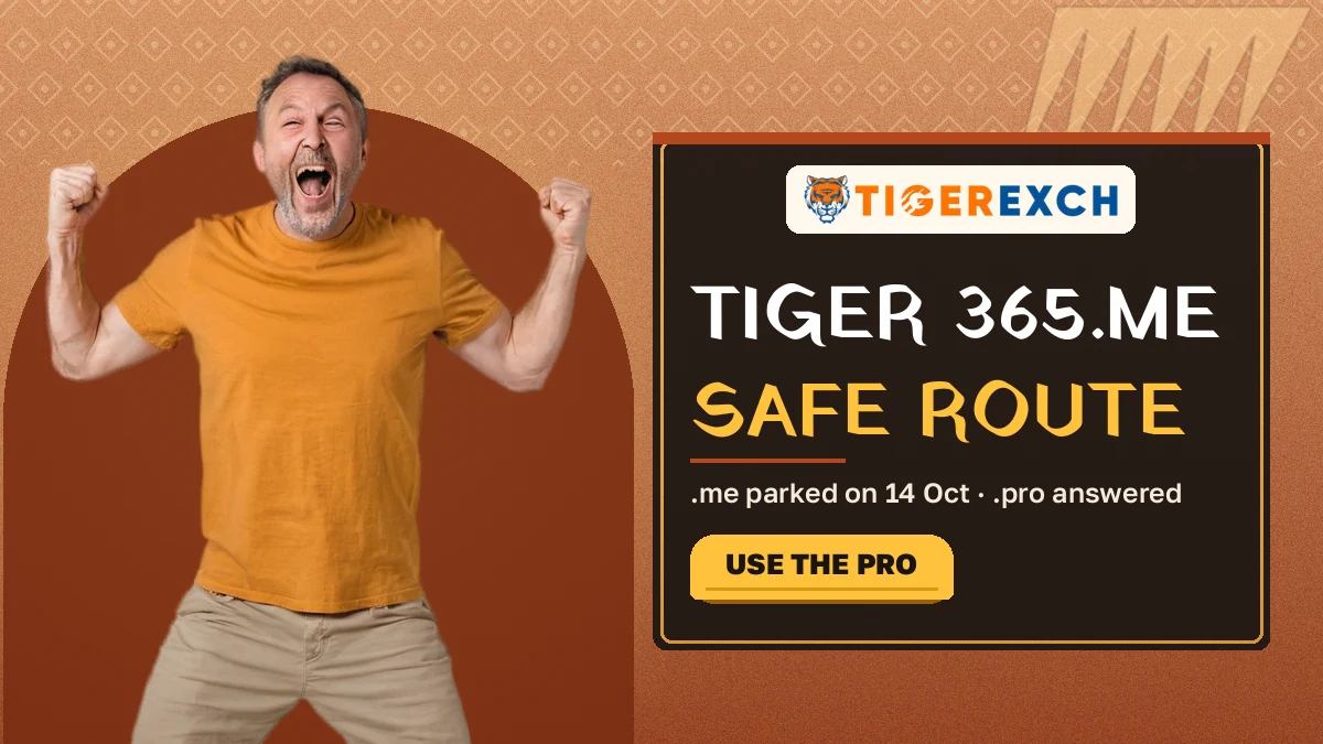 Tiger365.me safe route banner reading .me parked on 14 Oct, .pro answered, beside a fan cheering with fists up