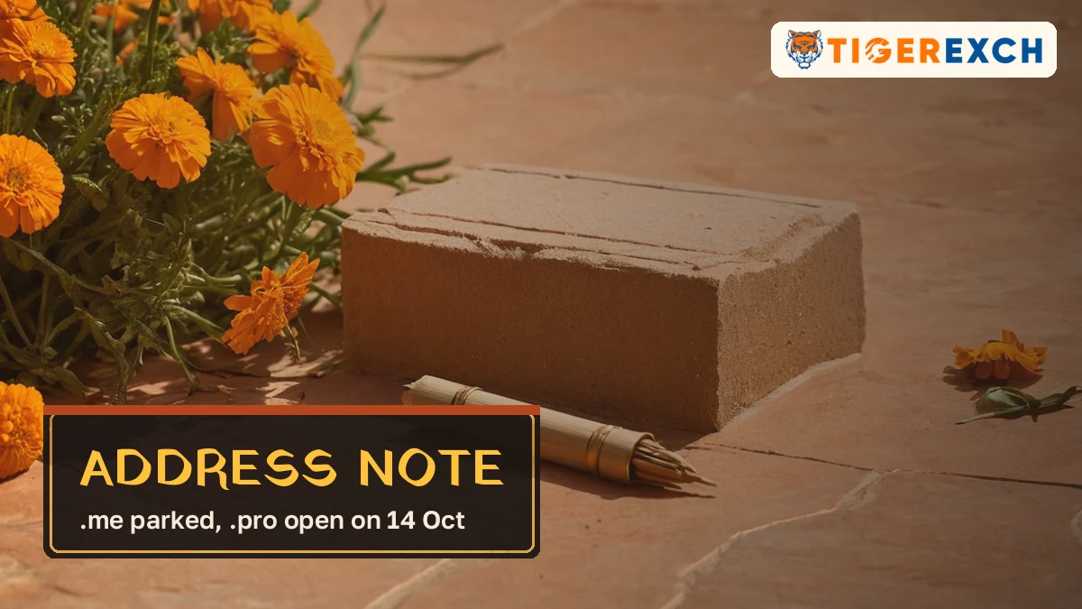 Address note card, .me parked, .pro open on 14 Oct, over marigolds beside a sandstone block and pen