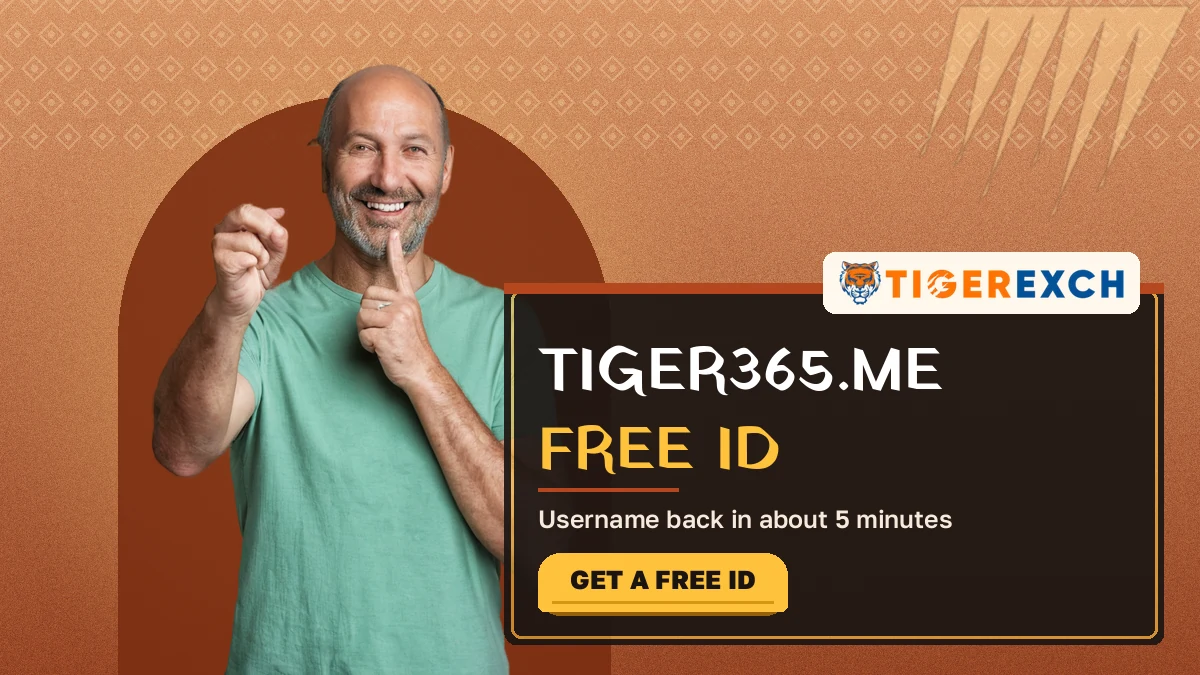 Tiger365.me free ID banner reading username back in about 5 minutes, beside a man holding up a blank card