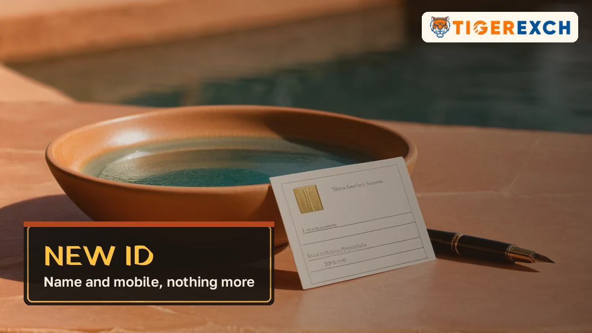 New ID card, name and mobile, nothing more, over a clay bowl with a blank card and pen