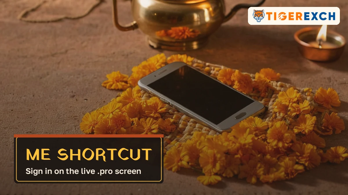 Me shortcut card, sign in on the live .pro screen, over a phone resting on marigold petals