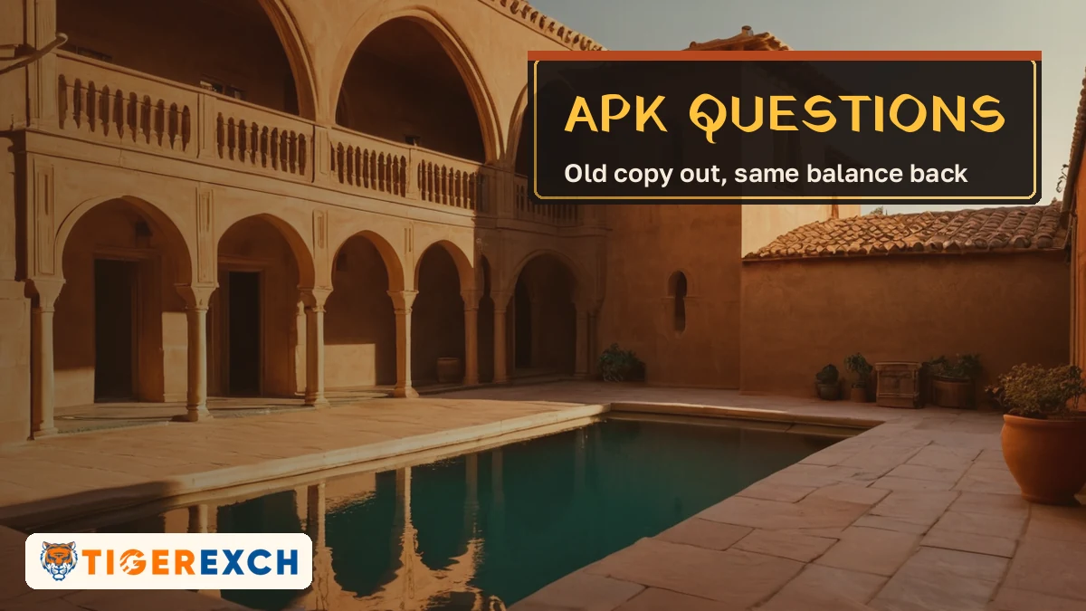 APK questions card, old copy out, same balance back, over a palace courtyard with a long pool