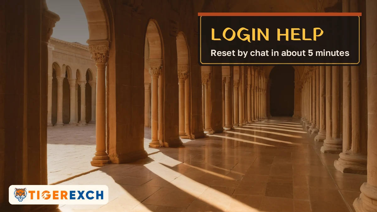 Login help card, reset by chat in about 5 minutes, over a shaded sandstone colonnade