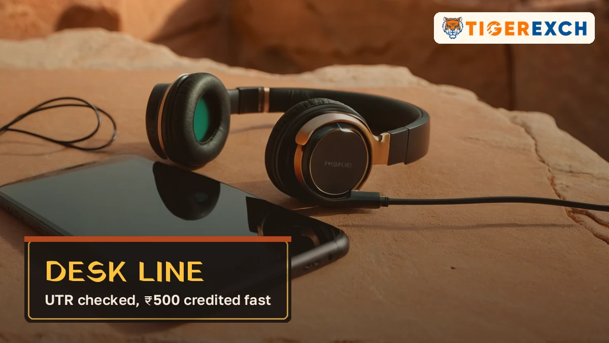 Desk line card, UTR checked, ₹500 credited fast, over headphones resting on a phone