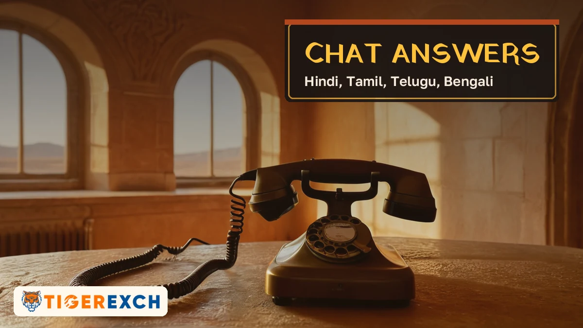 Chat answers card, Hindi, Tamil, Telugu, Bengali, over a rotary telephone below arched windows