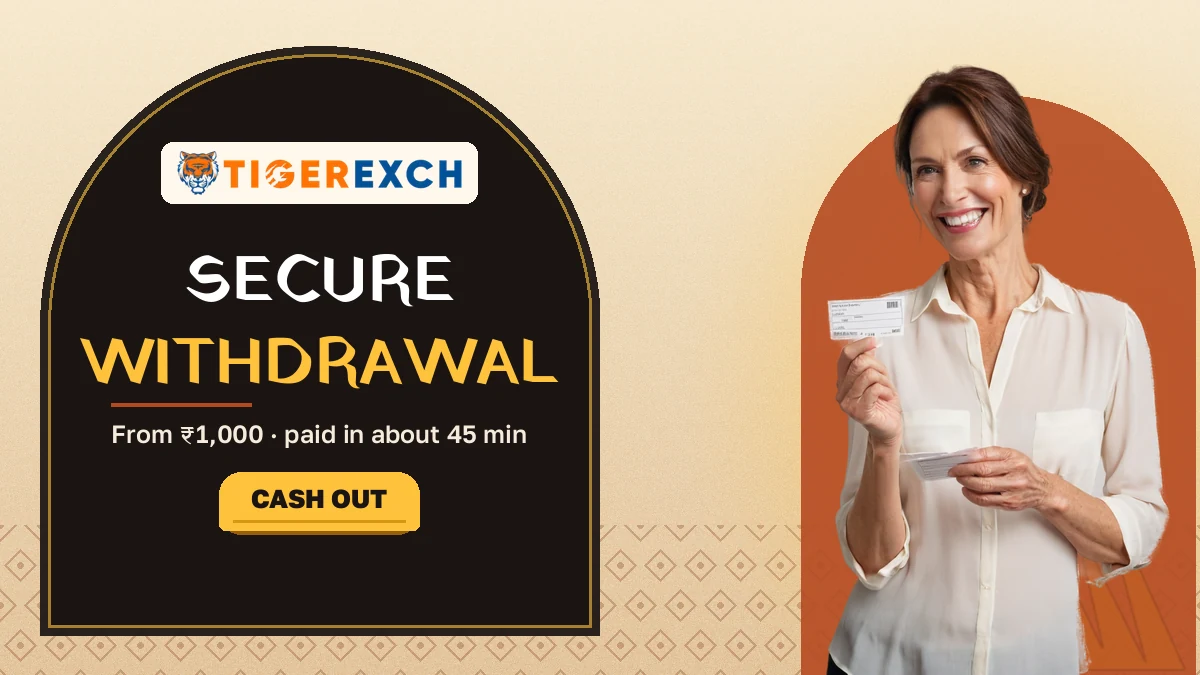 Secure withdrawal banner reading from ₹1,000, paid in about 45 min, beside a woman holding a receipt slip